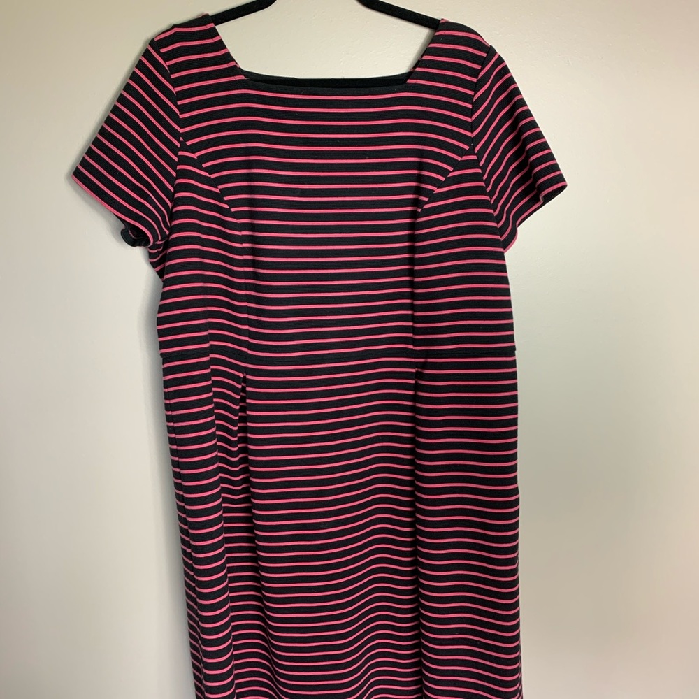 Talbots textured, structured, ponte-knit 'little black dress' w/ coral pinstripe